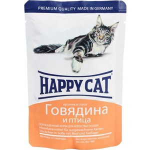 Паучи Happy Cat Говядина и птица кусочки в соусе для взрослых кошек 100г (1002315)