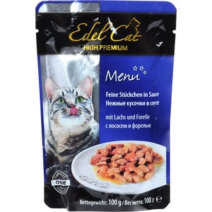 фото Паучи edel cat menu нежные кусочки в соусе с лососем и форелью для кошек 100г (08100)