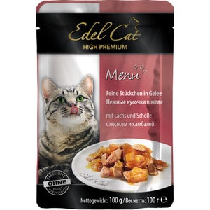 фото Паучи edel cat menu нежные кусочки в желе с лососем и камбалой для кошек 100г (08105)