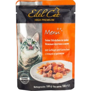 фото Паучи edel cat menu нежные кусочки в желе с птицей и кроликом для кошек 100г (08107)