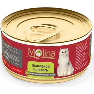 Консервы Molina Натурально мясо в желе цыпленок и лосось для кошек 80г (0962)