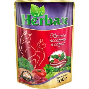 фото Паучи herbax мясное ассорти в соусе с листьями брусники для кошек 100г