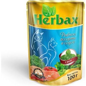 фото Паучи herbax рыбное ассорти в соусе с мятой для кошек 100г