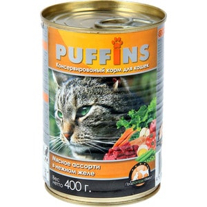 

Консервы Puffins Мясное ассорти в нежном желе для кошек 400г, Мясное ассорти в нежном желе для кошек 400г
