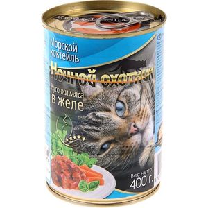 фото Консервы ночной охотник кусочки мяса в желе морской коктейль для кошек 400г