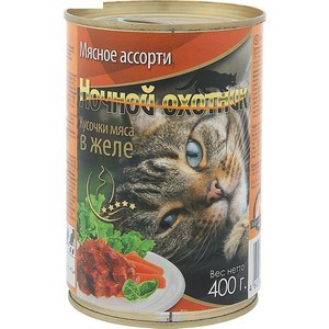 фото Консервы ночной охотник кусочки мяса в желе мясное ассорти для кошек 400г