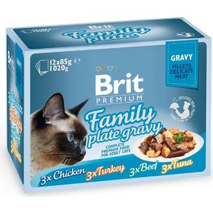 Паучи Brit Premium Family Plate Gravy Chicken,Turkey,Beef,Tuna кусочки в соусе курица, индейка, говядина, тунец для кошек 12х85г (519422) - фото 1