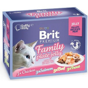 фото Паучи brit premium family plate jelly chicken,salmon,beef,trout кусочки в желе курица, лосось, говядина, форель для кошек 12х85г (519408)
