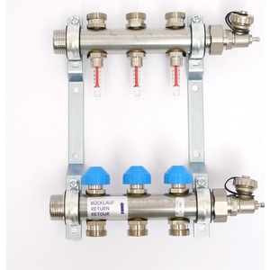 фото Коллекторная группа uni-fitt н 1''х3/4'' 3 выходов с расходомерами и термостатическими вентилями (455w4303)