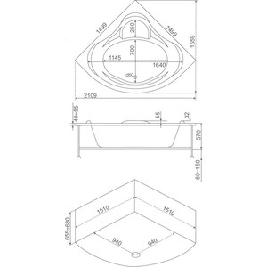 Акриловая ванна BAS Модена 150х150 с каркасом, фронтальная панель (В 00025, Э 00025)