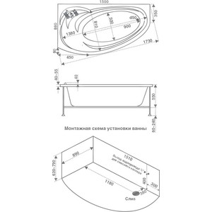 Акриловая ванна BAS Фэнтази 150х90 левая, с каркасом, фронтальная панель (В 00040, Э 00040)