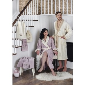 Набор семейный халат с полотенцем Karna махровый Adra кремовый-светло-лаванда (2746/CHAR003)