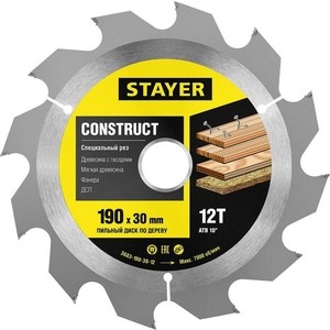Диск пильный Stayer Construct line для древесины с гвоздями 190x30, 12Т (3683-190-30-12)