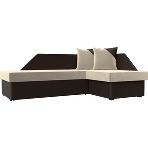 фото Угловой диван мебелико андора микровельвет бежевый+экокожа коричневый правый