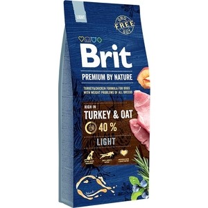 фото Сухой корм brit premium by nature ligh hight in turkey & oat с индейкой и овсом для собак всех пород склонных к полноте 15кг (526604)