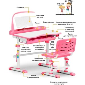 фото Комплект мебели (столик + стульчик + лампа) mealux evo-18 pn столешница белая/пластик розовый