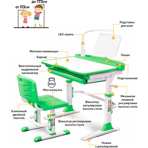 Комплект мебели (столик + стульчик + лампа) Mealux EVO EVO-19 Z с лампой столешница белая/пластик зеленый EVO-19 Z с лампой столешница белая/пластик зеленый - фото 3