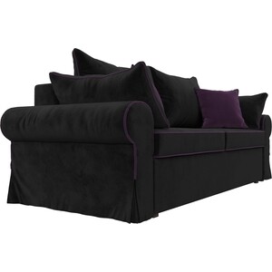 Диван прямой АртМебель Элис велюр черный с фиолетовыми подушками