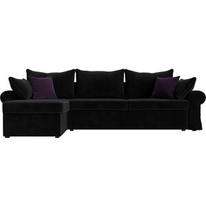фото Диван угловой артмебель элис велюр черный с фиолетовыми подушками левый угол