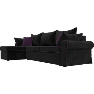 фото Диван угловой артмебель элис велюр черный с фиолетовыми подушками левый угол