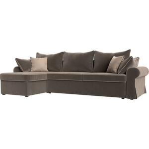 фото Диван угловой лига диванов элис велюр коричневый с бежевыми подушками левый угол