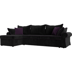 фото Диван угловой лига диванов элис велюр черный с фиолетовыми подушками левый угол