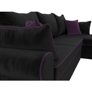 Диван угловой Лига Диванов Элис велюр черный с фиолетовыми подушками правый угол