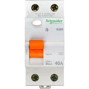 

Выключатель дифференциального тока (УЗО) Schneider Electric 2п 40А 30мА тип AC ВД63 Домовой SchE 11452, 2п 40А 30мА тип AC ВД63 Домовой SchE 11452