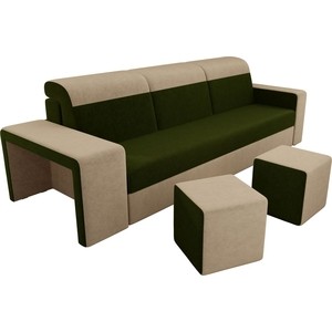 Прямой диван с двумя пуфами Лига Диванов Мустанг вельвет зеленый/бежевый