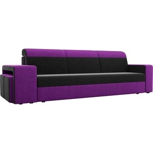 Прямой диван с двумя пуфами Лига Диванов Мустанг вельвет черный/фиолетовый