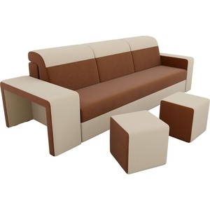 Прямой диван с двумя пуфами Лига Диванов Мустанг рогожка коричневый/бежевый