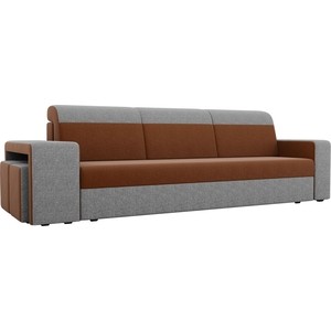Прямой диван с двумя пуфами Лига Диванов Мустанг рогожка коричневый/серый