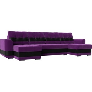 фото Диван лига диванов честер вельвет фиолетовый вставка экокожа черная п-образный.