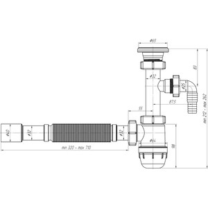 Сифон для раковины АНИ пласт Юнг 1 1/4х32 c отводом для стиральной машины, с гибкой трубой 32х32/40 (BM1315)