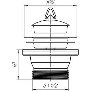 Слив для кухонной мойки АНИ пласт с нержавеющей решеткой D70 и пробкой (M105)