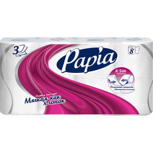 

Туалетная бумага PAPIA белая 3 слоя 8 рулонов, белая 3 слоя 8 рулонов