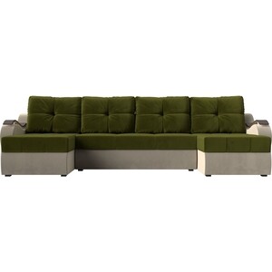 П-образный диван АртМебель Меркурий вельвет зеленый/бежевый
